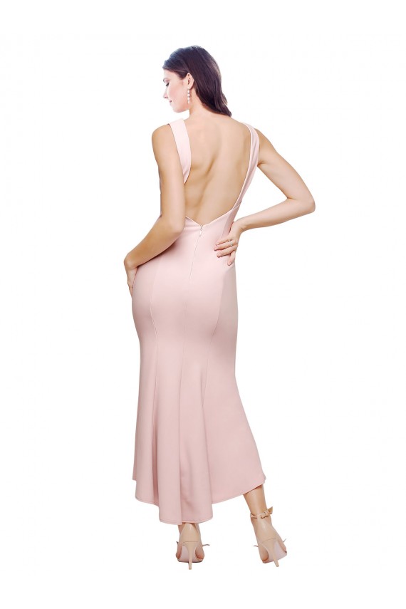 Crepe Esticado Decote Alto Sem Mangas Lombar Comprimento Midi Vestidos de Madrinha / Vestidos de Noite / Vestidos de Festa / Vestidos de Cocktail Baratos