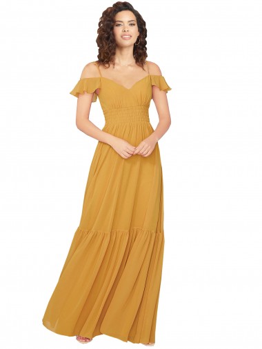 Chiffon Decote V Ombro Frio Buraco da fechadura Comprimento Chão Vestidos de Madrinha Baratos