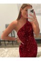Lantejoulas Veludo Um Ombro Sem Mangas Comboio Varredela Bainha Longo Vestidos de Festa Baratos
