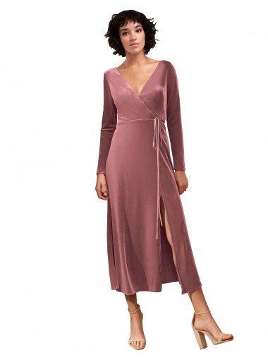 Veludo Elástico Decote V Mangas Compridas Comprimento Midi Vestidos de Madrinha / Vestidos de Festa Baratos