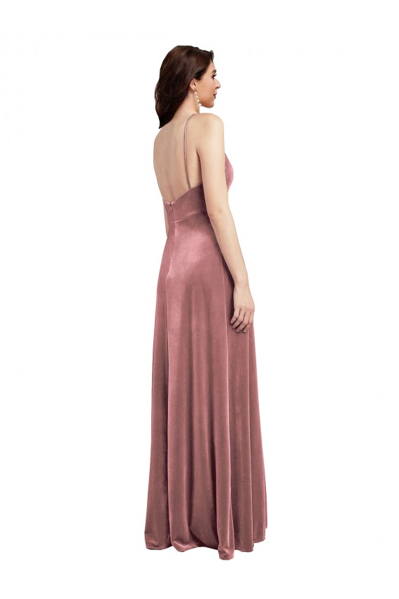 Veludo Elástico Decote V Sem Mangas Lombar Comprimento Chão Vestidos de Madrinha / Vestidos de Noite / Vestidos de Festa Baratos
