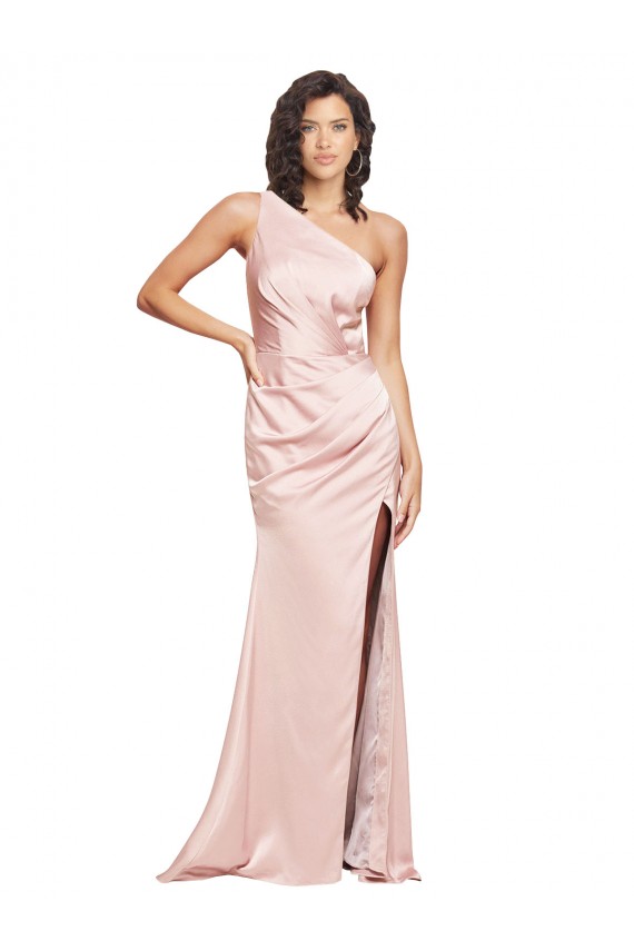 Cetim Sedoso Um Ombro Sem Mangas Lombar Comprimento Chão Vestidos de Madrinha / Vestidos de Noite / Vestidos de Festa Baratos