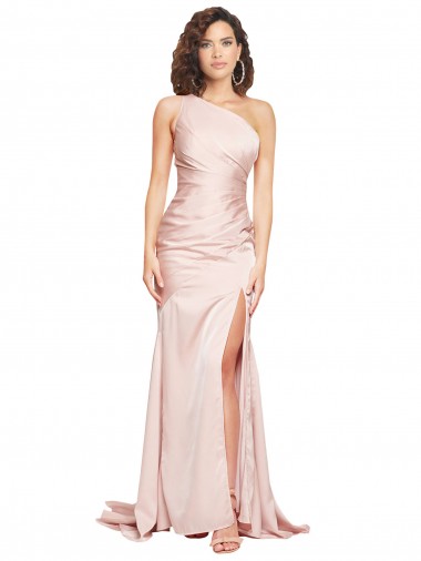 Cetim Sedoso Um Ombro Sem Mangas Comprimento Chão Rosa Bainha Vestidos de Madrinha / Vestidos de Noite / Vestidos de Festa Baratos