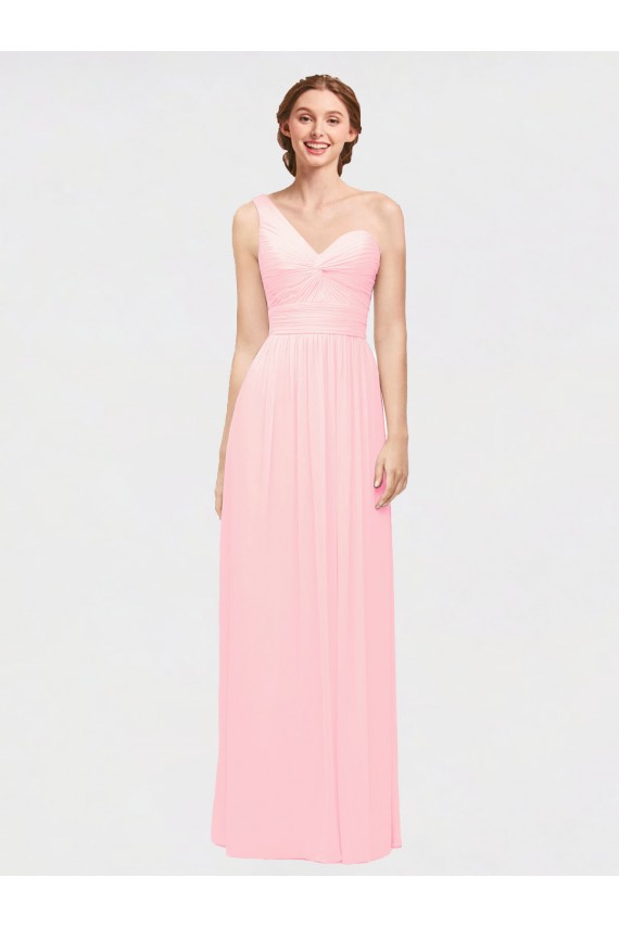 Chiffon Um Ombro Sem Mangas Comprimento Chão Rosa Linha A Vestidos de Madrinha Baratos