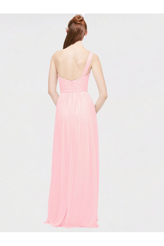 Chiffon Um Ombro Sem Mangas Comprimento Chão Rosa Linha A Vestidos de Madrinha Baratos
