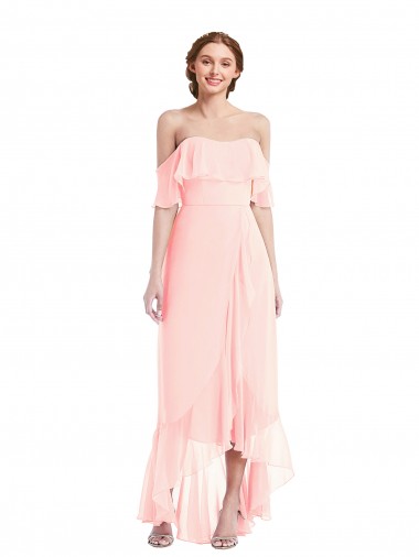 Chiffon Fora do Ombro Sem Mangas Comprimento Chão Alto Baixo, Vestidos de Madrinha Baratos