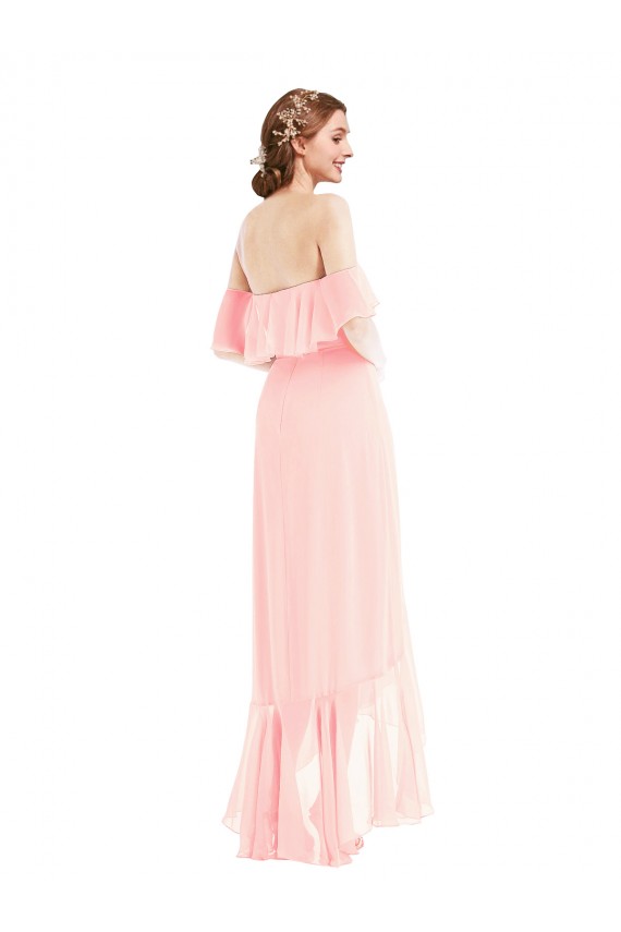 Chiffon Fora do Ombro Sem Mangas Comprimento Chão Alto Baixo, Vestidos de Madrinha Baratos