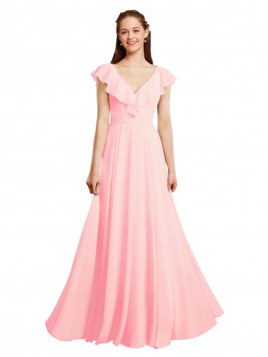 Chiffon Decote V Mangas Curtas Costas em V Comprimento Chão Rosa Longo Vestidos de Madrinha Baratos