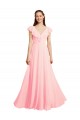Chiffon Decote V Mangas Curtas Costas em V Comprimento Chão Rosa Longo Vestidos de Madrinha Baratos