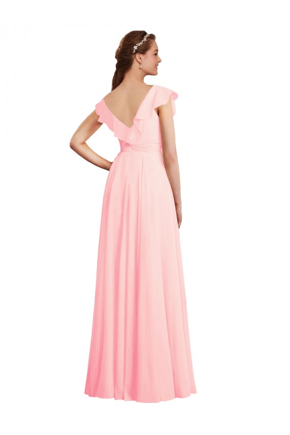 Chiffon Decote V Mangas Curtas Costas em V Comprimento Chão Rosa Longo Vestidos de Madrinha Baratos