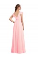 Chiffon Decote V Mangas Curtas Costas em V Comprimento Chão Rosa Longo Vestidos de Madrinha Baratos