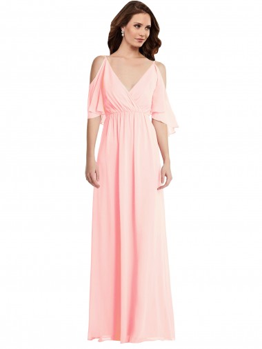 Chiffon Decote V Ombro Frio Costas em V Comprimento Chão Vestidos de Madrinha Baratos