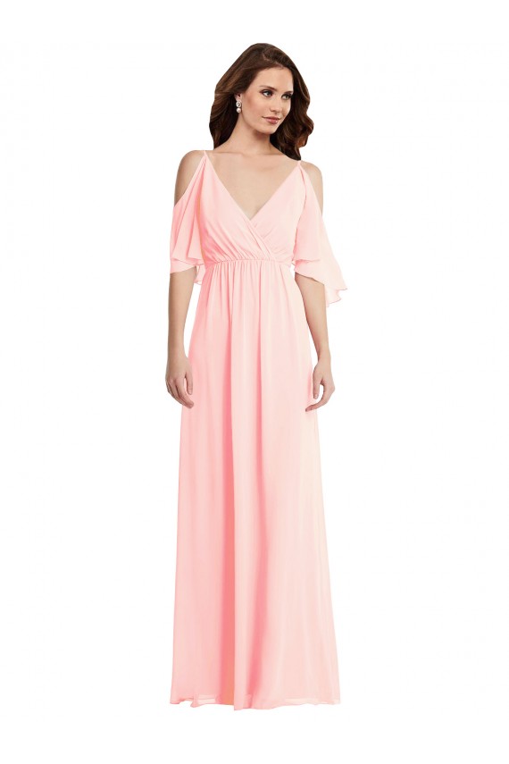 Chiffon Decote V Ombro Frio Costas em V Comprimento Chão Vestidos de Madrinha Baratos