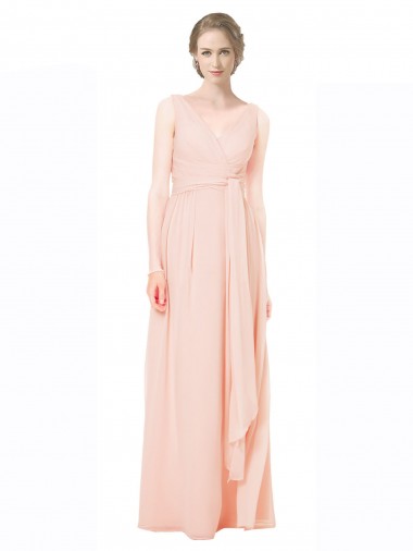 Chiffon Decote V Sem Mangas Costas em V Comprimento Chão Longo Linha A Vestido de Madrinha Baratos