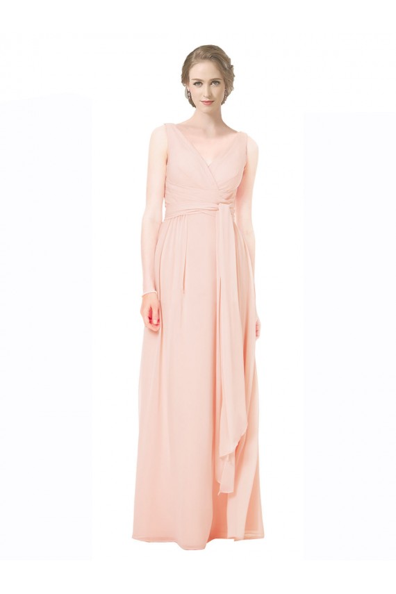 Chiffon Decote V Sem Mangas Costas em V Comprimento Chão Longo Linha A Vestido de Madrinha Baratos