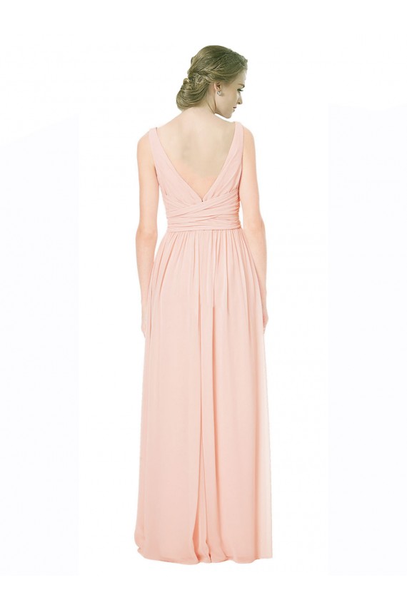 Chiffon Decote V Sem Mangas Costas em V Comprimento Chão Longo Linha A Vestido de Madrinha Baratos