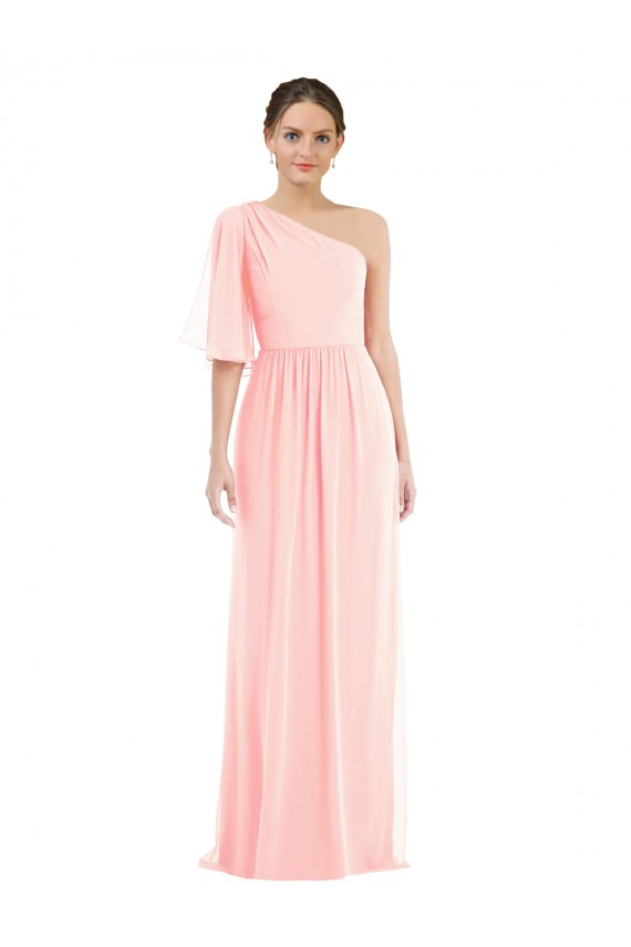 Chiffon Um Ombro Mangas Sino Comprimento Chão Vestidos de Madrinha Baratos