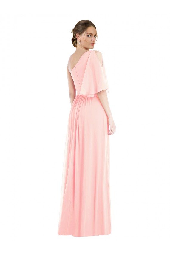 Chiffon Um Ombro Mangas Sino Comprimento Chão Vestidos de Madrinha Baratos