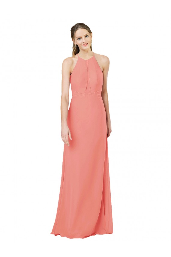Chiffon Cabeçada Sem Mangas Buraco da fechadura Comprimento Chão Rosa Deserto Bainha Vestidos de Madrinha Baratos
