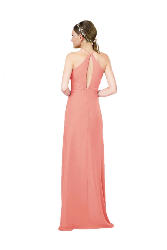 Chiffon Cabeçada Sem Mangas Buraco da fechadura Comprimento Chão Rosa Deserto Bainha Vestidos de Madrinha Baratos