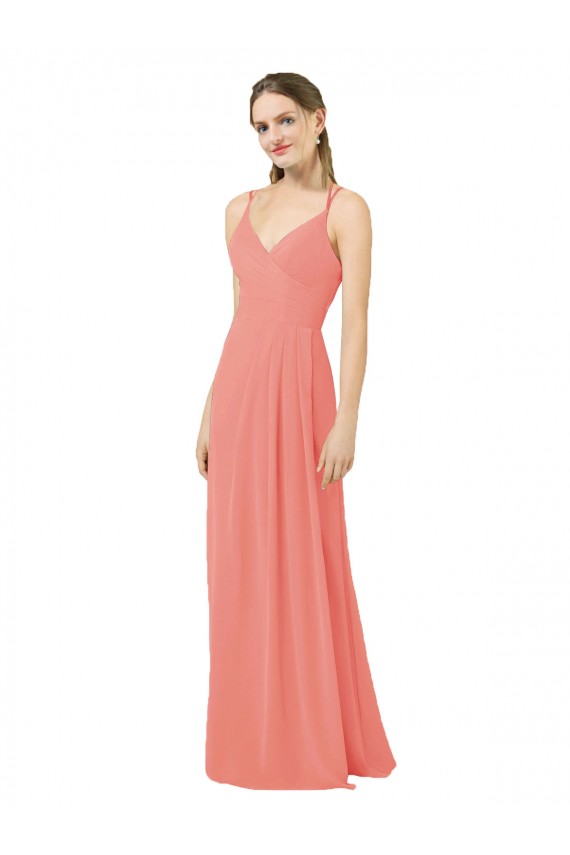 Chiffon Decote V Sem Mangas Buraco da fechadura Comprimento Chão Bainha Rosa Deserto Vestidos de Madrinha Baratos