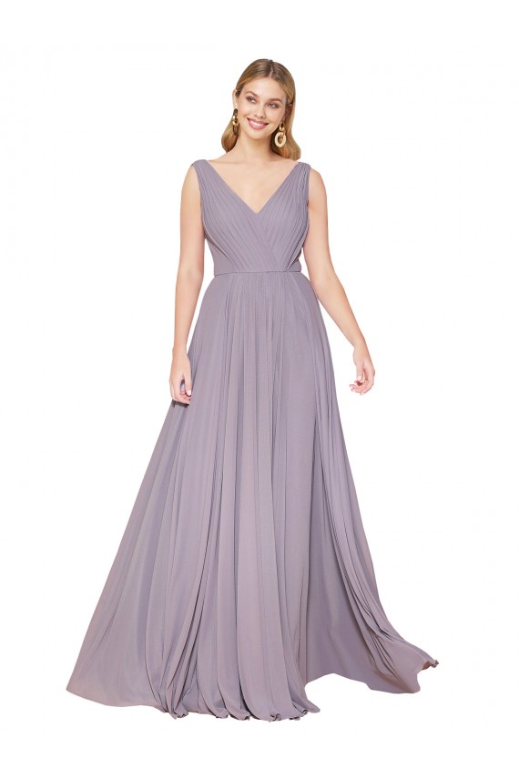 Chiffon Decote V Sem Mangas Costas em V Comprimento Chão Linha A Vestidos de Madrinha / Vestidos de Noite / Vestidos de Festa Baratos