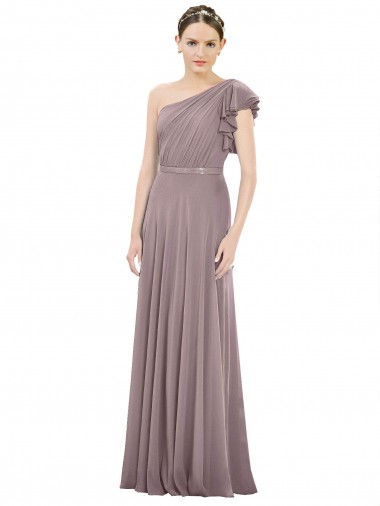 Chiffon Um Ombro Sem Mangas Comprimento Chão Rosa Empoeirada Linha A Vestidos de Madrinha Baratos