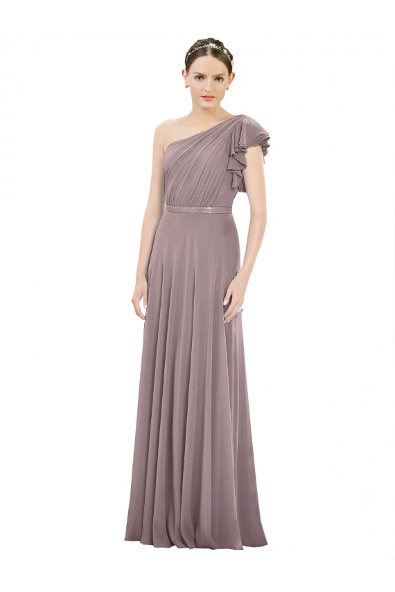 Chiffon Um Ombro Sem Mangas Comprimento Chão Rosa Empoeirada Linha A Vestidos de Madrinha Baratos