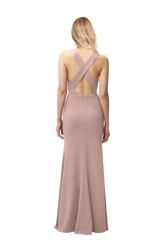 Crepe Esticado Cabeçada Sem Mangas Criss Cruz Comprimento Chão Bainha Vestidos de Madrinha / Vestidos de Festa Baratos