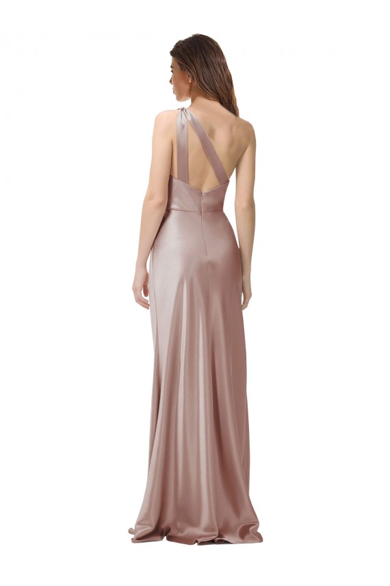 Cetim Elástico Um Ombro Sem Mangas Abrir de volta Comprimento Chão Bainha Vestidos de Madrinha / Vestidos de Noite / Vestidos de Festa Baratos