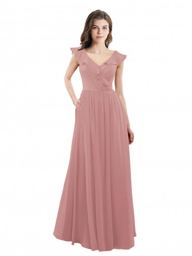 Chiffon Decote V Mangas Curtas Costas em V Comprimento Chão Longo Linha A Vestidos de Madrinha Baratos