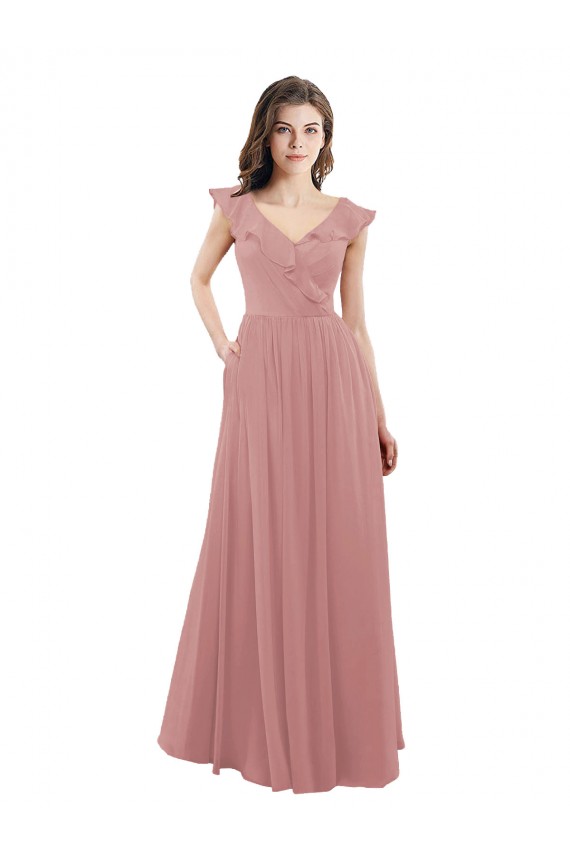 Chiffon Decote V Mangas Curtas Costas em V Comprimento Chão Longo Linha A Vestidos de Madrinha Baratos