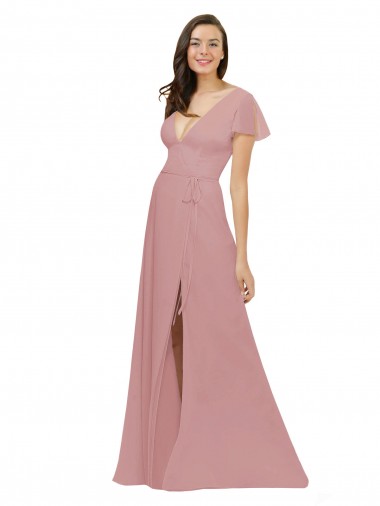 Chiffon Decote V Mangas Esvoaçantes Costas em V Comprimento Chão Rosa Empoeirado Vestidos de Madrinha Baratos