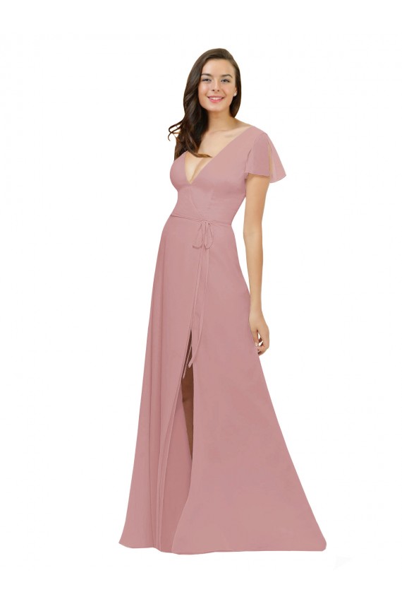 Chiffon Decote V Mangas Esvoaçantes Costas em V Comprimento Chão Rosa Empoeirado Vestidos de Madrinha Baratos
