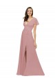 Chiffon Decote V Mangas Esvoaçantes Costas em V Comprimento Chão Rosa Empoeirado Vestidos de Madrinha Baratos