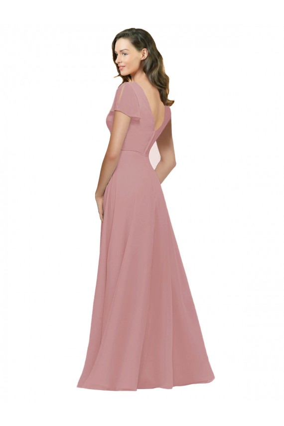 Chiffon Decote V Mangas Esvoaçantes Costas em V Comprimento Chão Rosa Empoeirado Vestidos de Madrinha Baratos