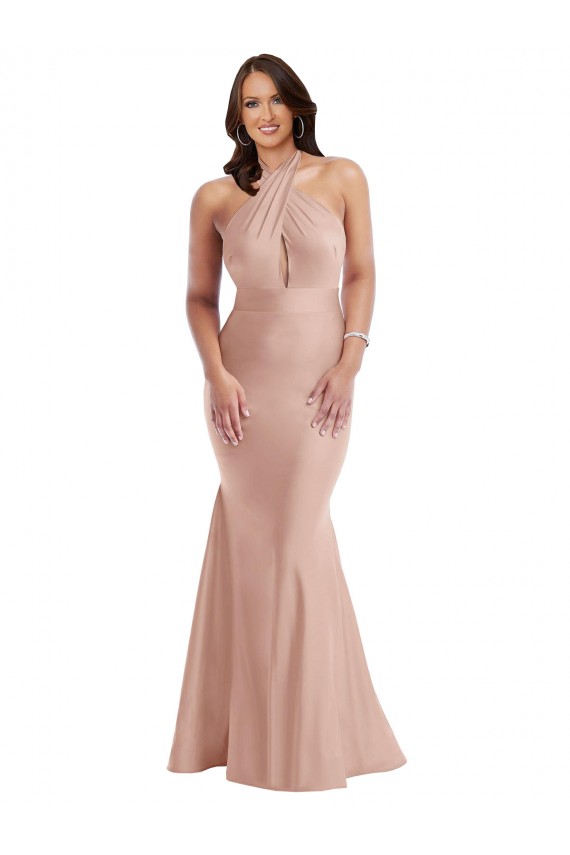 Cetim Sedoso Cabeçada Sem Mangas Abrir de volta Comprimento Chão Sereia Vestidos de Madrinha / Vestidos de Noite / Vestidos de Festa Baratos