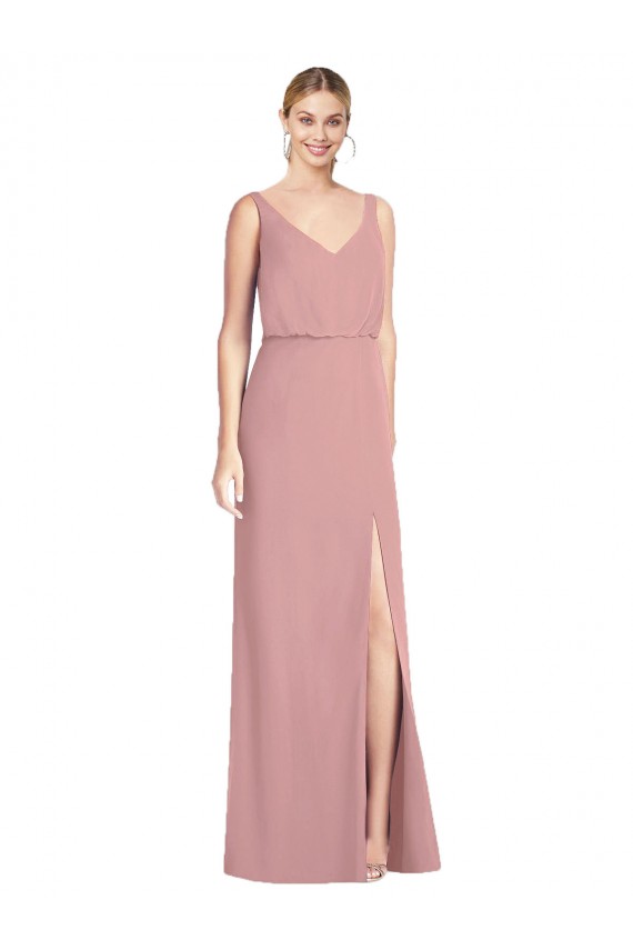 Chiffon Decote V Sem Mangas Costas em V Comprimento Chão Rosa Empoeirado Sereia Vestidos de Madrinha Baratos