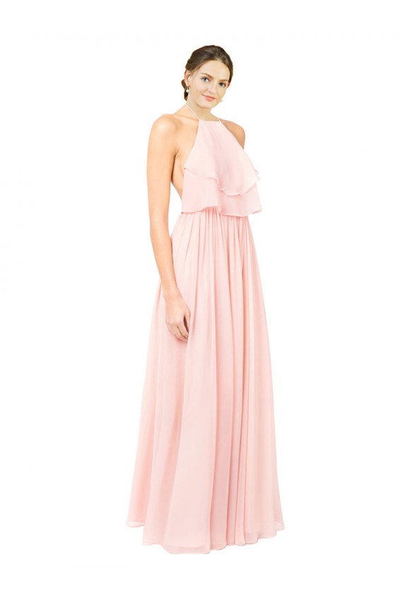 Chiffon Cabeçada Sem Mangas Abrir de volta Comprimento Chão Vestidos de Madrinha Baratos