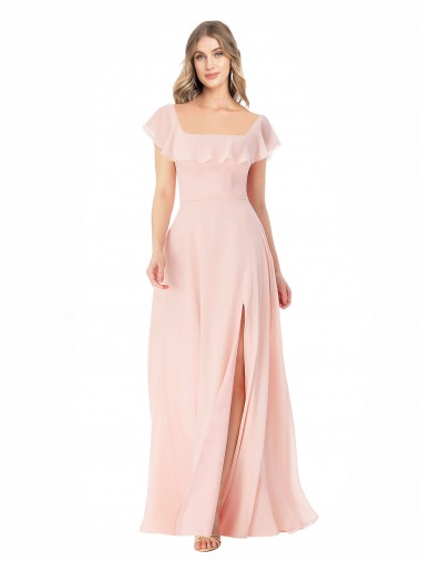 Chiffon Decote Quadrado Mangas Curtas Comprimento Chão Vestidos de Madrinha Baratos