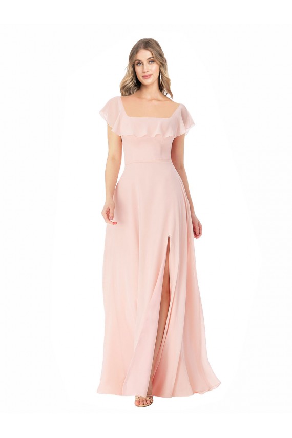 Chiffon Decote Quadrado Mangas Curtas Comprimento Chão Vestidos de Madrinha Baratos