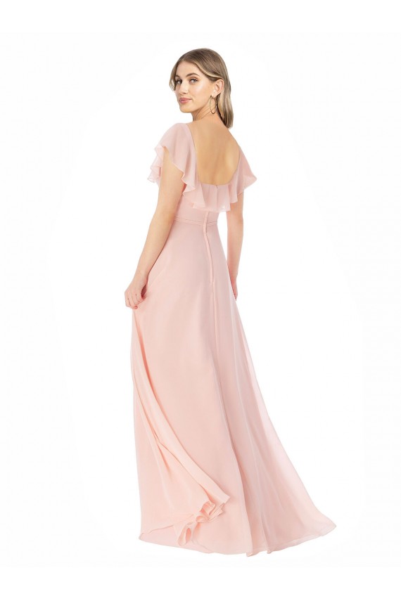 Chiffon Decote Quadrado Mangas Curtas Comprimento Chão Vestidos de Madrinha Baratos