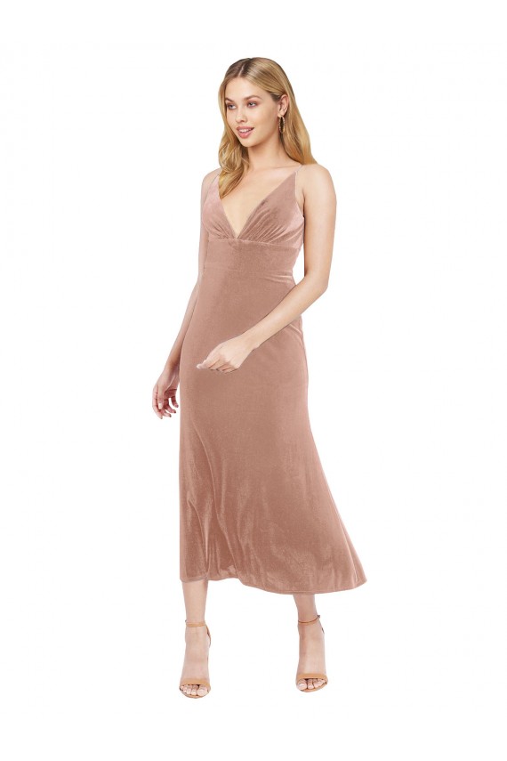 Veludo Elástico Decote V Sem Mangas Costas em V Comprimento Midi Vestidos de Madrinha / Vestidos de Festa / Vestidos de Cocktail / Vestidos de Homecoming Baratos
