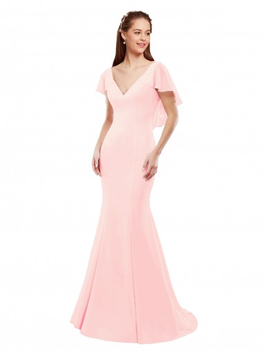 Chiffon Decote V Mangas Esvoaçantes Costas em V Comprimento Chão Sereia Longo Vestidos de Madrinha Baratos