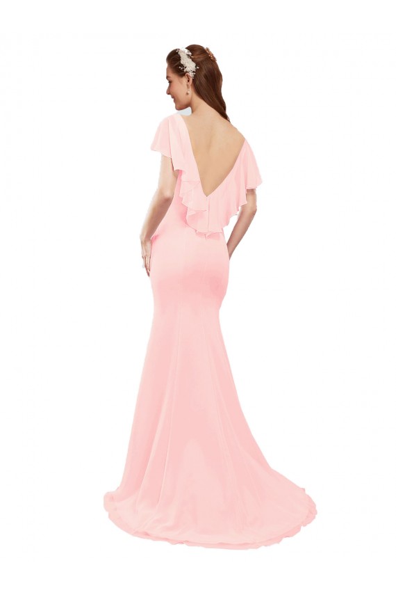 Chiffon Decote V Mangas Esvoaçantes Costas em V Comprimento Chão Sereia Longo Vestidos de Madrinha Baratos