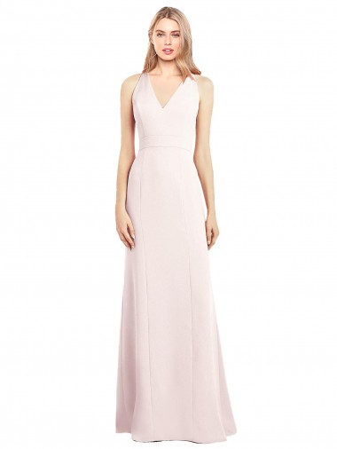 Crepe Esticado Decote V Sem Mangas Buraco da fechadura Comprimento Chão Rosa Longo Vestidos de Madrinha / Vestidos de Festa Baratos