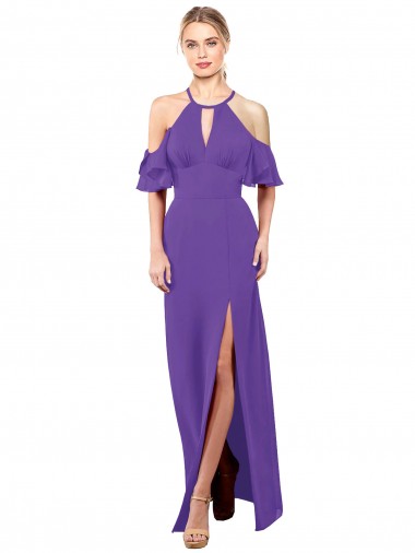 Chiffon Cabeçada Mangas Folhos Abrir de volta Comprimento Chão Vestidos de Madrinha Baratos