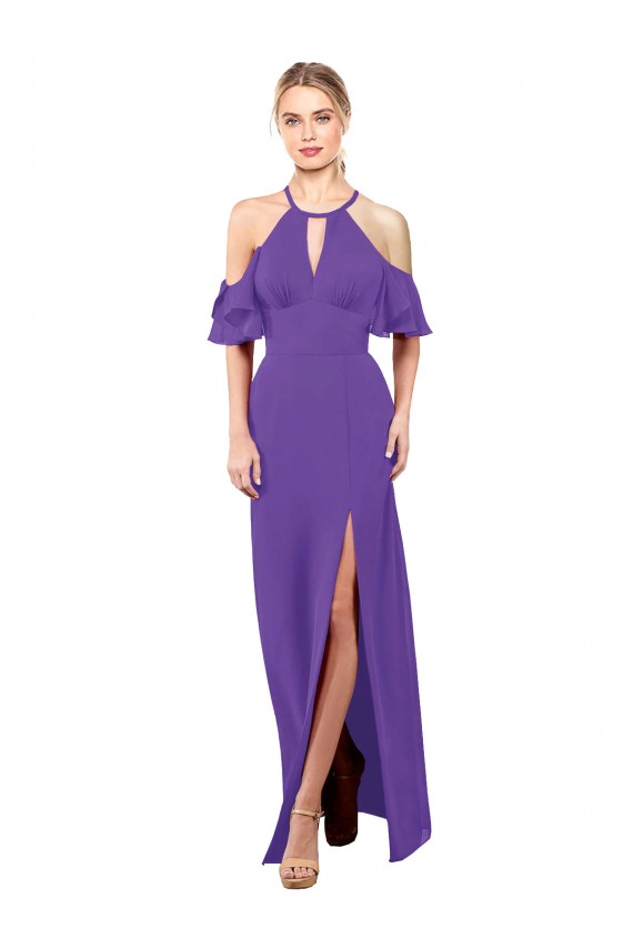 Chiffon Cabeçada Mangas Folhos Abrir de volta Comprimento Chão Vestidos de Madrinha Baratos