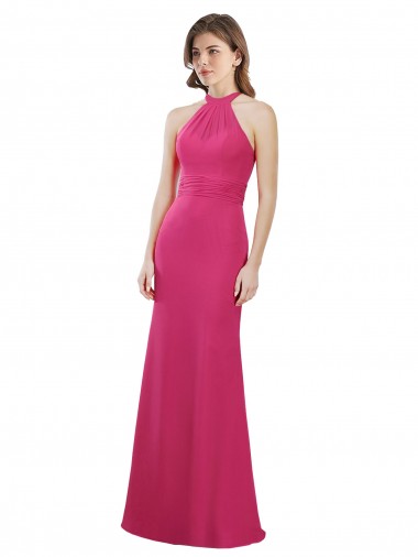 Chiffon Cabeçada Sem Mangas Criss Cruz Comprimento Chão Rubi Vestidos de Madrinha Baratos