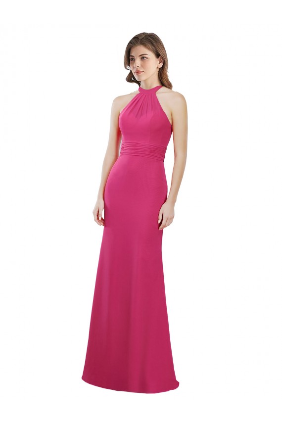 Chiffon Cabeçada Sem Mangas Criss Cruz Comprimento Chão Rubi Vestidos de Madrinha Baratos